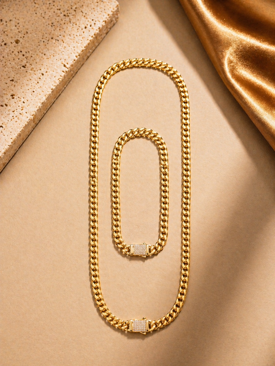 14K Gold Filled Cuban Link Chain Set – Hypoallergenic, Everyday Wear Necklace & Bracelet