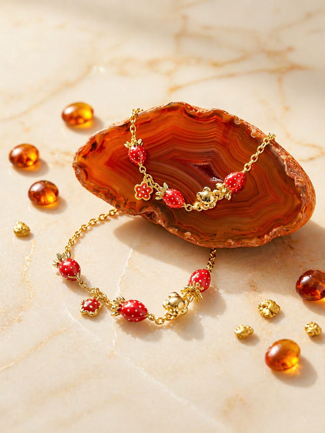 14K Gold Filled Strawberry Charm Bracelet Hypoallergenic, Everyday Wear Luxury Collection