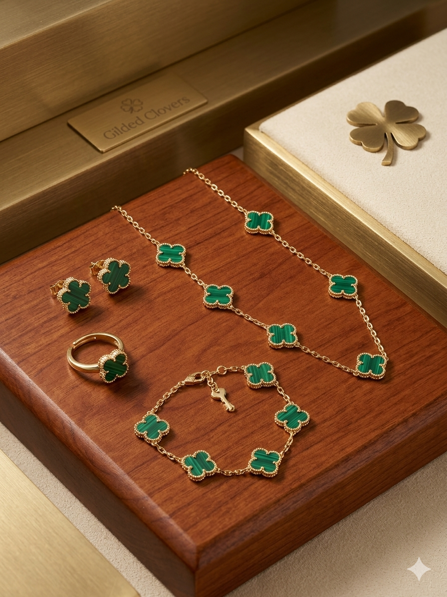 14K Gold Filled Clover Jewelry Set – Elegant Green Stone Necklace, Bracelet, Ring & Earrings