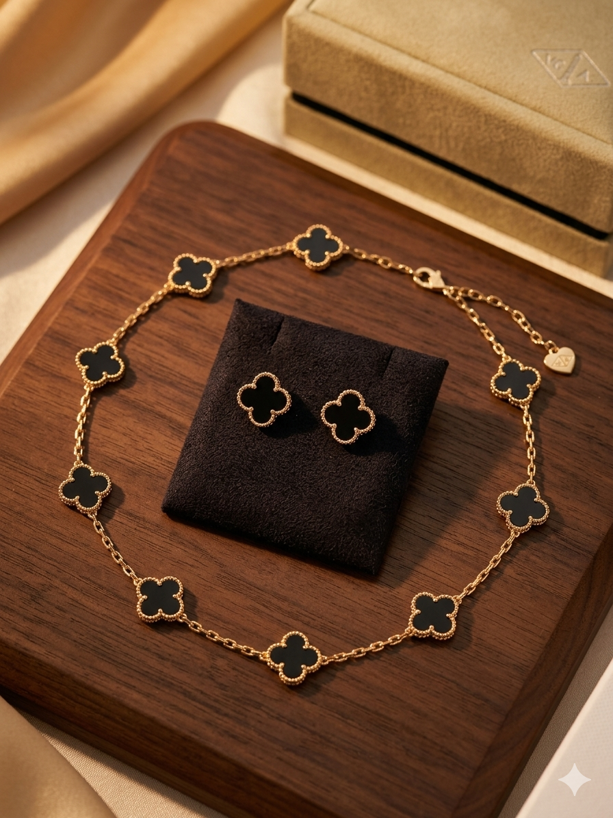 14K Gold Filled Clover Necklace & Earrings Set – Elegant Black Stone Jewelry